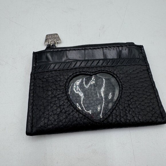 BRIGHTON Small ID Wallet Black Heart woman’s pebble leather floral basket zipper - Picture 1 of 9